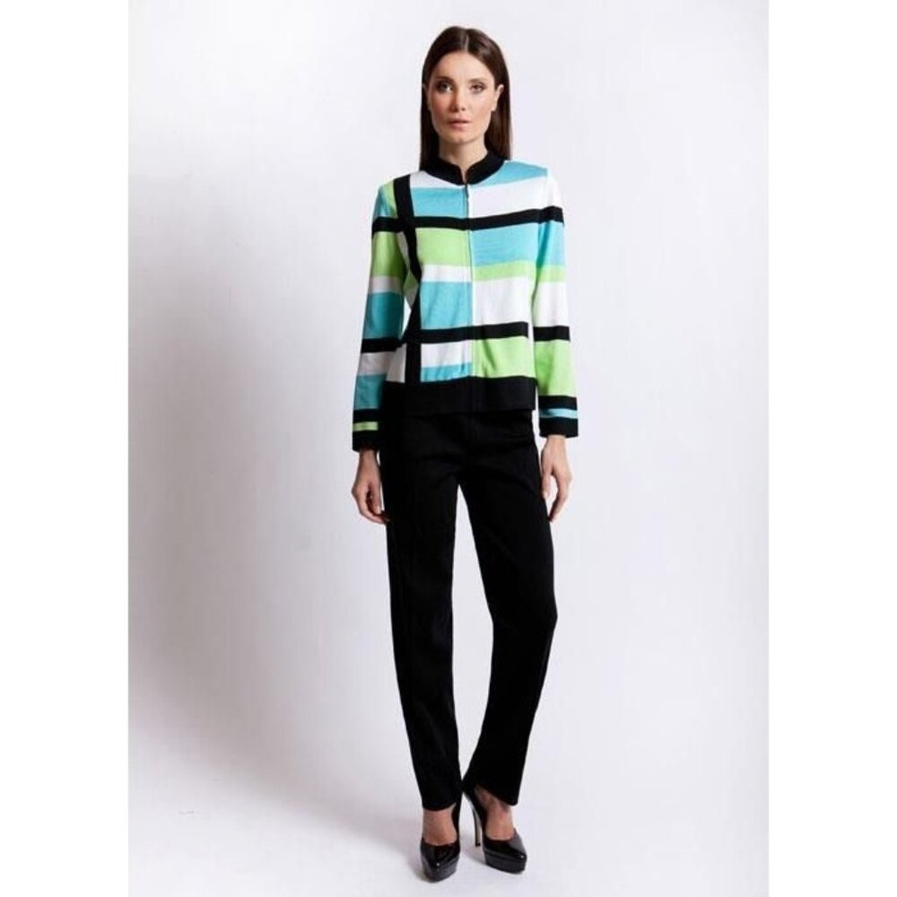 Ming Wang PS Womens Color Block Acrylic Zip Front Cardigan Sweater Petite Small